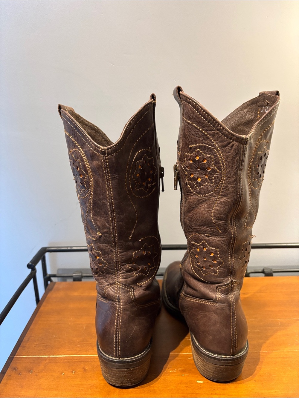 Arnold Churgin Brown Leather Cowboy Boots with Floral Cut Out - Picture 5 of 10